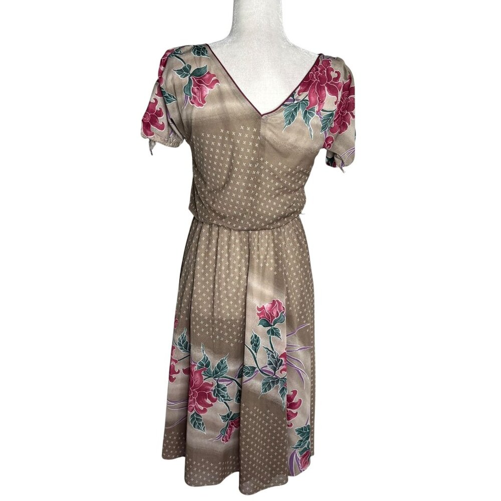 Vintage 80s Floral Short Sleeve Dress Small Slightly Sheer Tie Sleeves Elastic - Picture 4 of 8